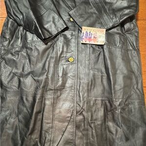 Vtg Men’s 3X Genuine Leather Black Long Trench Coat Biker Gothic NWT